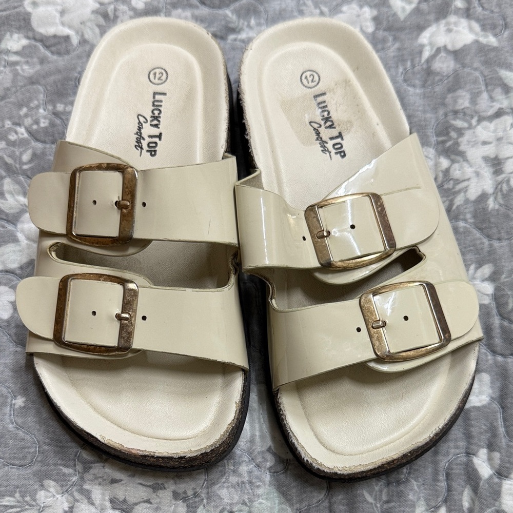 Lucky Brand Cream Sandals with Gold Buckles